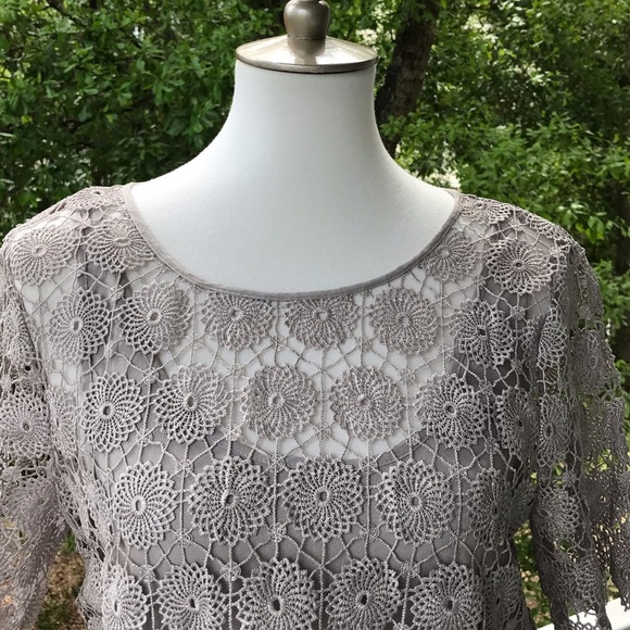 Ella Moss Gray Crochet Overlay Short Sleeve Blouse | Size Medium - Picture 6 of 8